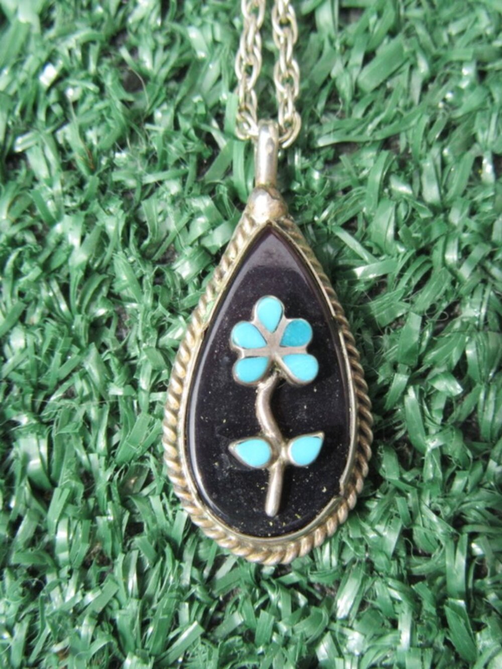 Vintage Native American Zuni Rodney Lasiloo 3D Turquoise Onyx Sterling Necklace